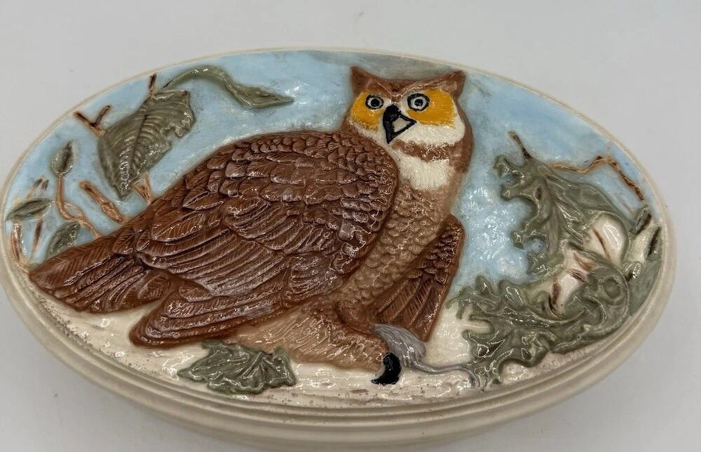Vintage Signed M.R. Owl Trinket Box Embossed Ceramic Oval Woodland Nature 8”